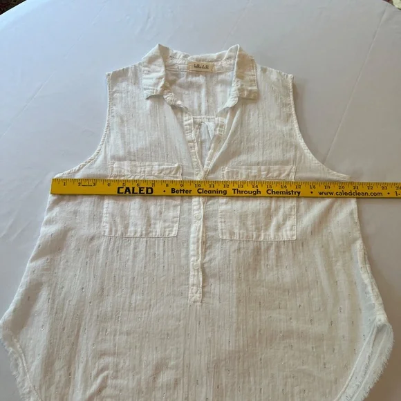 Bella Dahl Half Botton Sleeveless Shirt White/ Silver Pockets Sz L - Picture 5 of 9